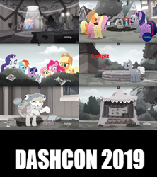 Size: 500x564 | Tagged: safe, edit, edited screencap, screencap, character:applejack, character:fluttershy, character:petunia petals, character:pinkie pie, character:rainbow dash, character:rarity, character:sunny skies, character:twilight sparkle, character:twilight sparkle (alicorn), species:alicorn, species:pony, friendship is magic: rainbow roadtrip, g4, my little pony: friendship is magic, animal costume, bush, butterfly, costume, dashcon, desaturated, fake, fish costume, hope hollow, hotel room, karaoke, kiddie pool, meme, mud, mud bath, rainbow trout, rainbow trout (character), reference, rubber duck, text edit
