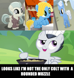 Size: 2080x2192 | Tagged: safe, edit, edited screencap, screencap, character:barley barrel, character:pickle barrel, character:rumble, character:sunny skies, species:pegasus, species:pony, species:unicorn, episode:marks and recreation, friendship is magic: rainbow roadtrip, g4, my little pony: friendship is magic, chef's hat, clothing, colt, dawn droplet, hat, male