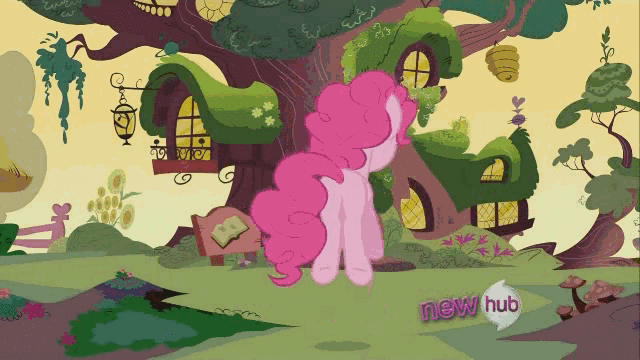 Size: 640x360 | Tagged: safe, edit, edited screencap, screencap, character:pinkie pie, species:pony, episode:it's about time, g4, my little pony: friendship is magic, animated, back of head, balloonbutt, bouncing, butt, featureless crotch, female, golden oaks library, hub logo, it's coming right at us, jumping, plot, pronking, rear view, reversed, solo, underhoof