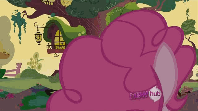 Size: 640x360 | Tagged: safe, edit, edited screencap, screencap, character:pinkie pie, species:pony, episode:it's about time, g4, my little pony: friendship is magic, animated, back of head, balloonbutt, bouncing, butt, featureless crotch, female, golden oaks library, hub logo, jumping, plot, pronking, rear view, reversed, solo, underhoof