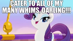 Size: 1920x1080 | Tagged: safe, edit, edited screencap, screencap, character:rarity, species:pony, species:unicorn, friendship is magic: rainbow roadtrip, g4, my little pony: friendship is magic, bedroom eyes, caption, darling, excessive exclamation marks, image macro, lidded eyes, text