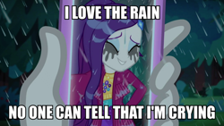 Size: 1200x675 | Tagged: safe, edit, edited screencap, screencap, character:rarity, episode:inclement leather, g4, my little pony: equestria girls, my little pony:equestria girls, spoiler:choose your own ending (season 2), spoiler:eqg series (season 2), caption, cute, female, hashtag rain hair don't care, image macro, inclement leather: vignette valencia, makeup, mascara, mascarity, phone screen, rain, raribetes, running makeup, selfie, solo, text, wet, wet hair, wet hairity, wet mane, wet mane rarity