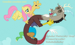 Size: 724x438 | Tagged: safe, edit, edited screencap, screencap, character:discord, character:fluttershy, species:draconequus, species:pony, best friends, buddies, duo, female, friends, fun, happy, laughing, male, mare, smiling, tickling