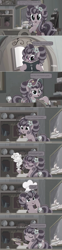 Size: 1336x5388 | Tagged: safe, edit, edited screencap, screencap, character:petunia petals, species:earth pony, species:pony, friendship is magic: rainbow roadtrip, g4, my little pony: friendship is magic, bell, book, brochure, bust, chef's hat, clothing, comic, container, desaturated, dialogue, discovery family logo, female, flower, glasses, grayscale, hat, hotel, indoors, mare, monochrome, monologue, paintbrush, painting, palette, plates, screencap comic, solo, speech bubble
