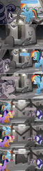 Size: 1352x5376 | Tagged: safe, edit, edited screencap, screencap, character:applejack, character:fluttershy, character:petunia petals, character:pinkie pie, character:rainbow dash, character:rarity, character:twilight sparkle, character:twilight sparkle (alicorn), species:alicorn, species:earth pony, species:pegasus, species:pony, species:unicorn, friendship is magic: rainbow roadtrip, g4, my little pony: friendship is magic, bed, broken, bucking, ceiling light, comic, desaturated, dialogue, dirty, discovery family logo, dust, female, grayscale, lights, mane six, mare, mattress, monochrome, pop-out bed, screencap comic, speech bubble
