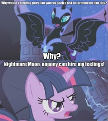 Size: 853x960 | Tagged: safe, edit, edited screencap, screencap, character:nightmare moon, character:princess luna, character:twilight sparkle, species:alicorn, species:pony, species:unicorn, episode:friendship is magic, g4, my little pony: friendship is magic, castle of the royal pony sisters, comic, duo, duo female, female, image macro, last alert, mare, screencap comic
