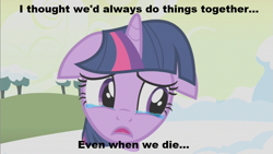Size: 853x480 | Tagged: safe, edit, edited screencap, screencap, character:twilight sparkle, species:pony, species:unicorn, episode:winter wrap up, g4, my little pony: friendship is magic, crying, female, floppy ears, image macro, last alert, mare, snow, solo