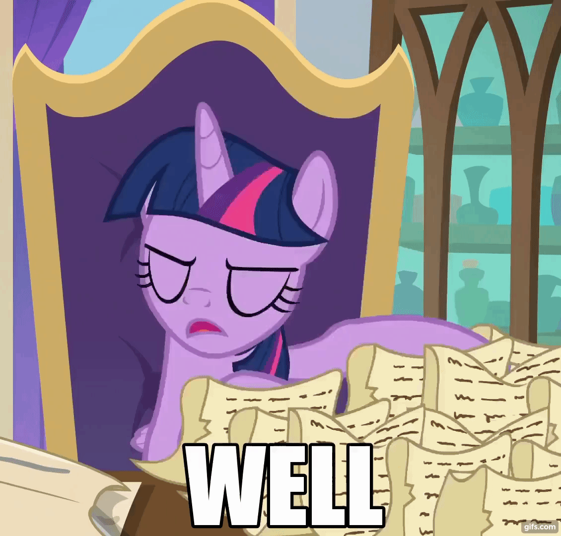 Size: 1130x1080 | Tagged: safe, edit, edited screencap, screencap, character:twilight sparkle, character:twilight sparkle (alicorn), species:alicorn, species:pony, episode:the beginning of the end, g4, my little pony: friendship is magic, animated, bad mood, caption, chair, cropped, excuse me, female, floppy ears, gif, gifs.com, image macro, office, paper, solo, table, text, the legend of zelda, well excuse me princess