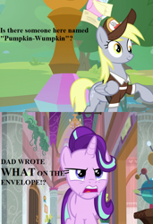 Size: 615x900 | Tagged: safe, edit, edited screencap, screencap, character:derpy hooves, character:starlight glimmer, species:pony, episode:a matter of principals, episode:the point of no return, g4, my little pony: friendship is magic, angry, clothing, cropped, dialogue, envelope, hat, implied firelight, mailmare hat, mailpony uniform, school of friendship, uh oh