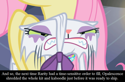 Size: 800x525 | Tagged: safe, edit, edited screencap, screencap, character:fluttershy, character:opalescence, episode:sweet and elite, g4, my little pony: friendship is magic, angry, bow, caption, implied rarity, text, wet
