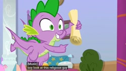 Size: 1920x1080 | Tagged: safe, edit, edited screencap, screencap, character:spike, species:dragon, episode:sparkle's seven, g4, my little pony: friendship is magic, caption, meme, religion, scroll, winged spike, youtube caption