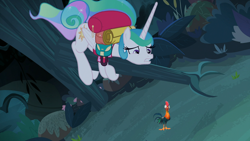 Size: 1920x1080 | Tagged: safe, edit, edited screencap, screencap, character:princess celestia, species:alicorn, species:bird, species:pony, species:rooster, episode:between dark and dawn, g4, my little pony: friendship is magic, alektorophobia, hei hei the rooster, looking down, moana, sitting in a tree, that princess sure is afraid of chickens, tree, tree branch