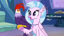 Size: 800x450 | Tagged: safe, edit, edited screencap, screencap, character:edith, character:silverstream, species:classical hippogriff, species:cockatrice, species:hippogriff, episode:student counsel, book, cute, diabedith, diastreamies, female, implied fluttershy, jewelry, necklace, red eyes, speech, treehouse of harmony