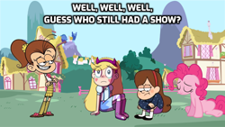Size: 1024x576 | Tagged: safe, edit, edited screencap, screencap, character:pinkie pie, species:earth pony, species:human, species:pony, spoilers for another series, background pony strikes again, crossover, end of ponies, engrish, gravity falls, luan loud, luan loud bullies her counterparts, mabel pines, op is a duck, op is trying to start shit, star butterfly, star vs the forces of evil, the loud house