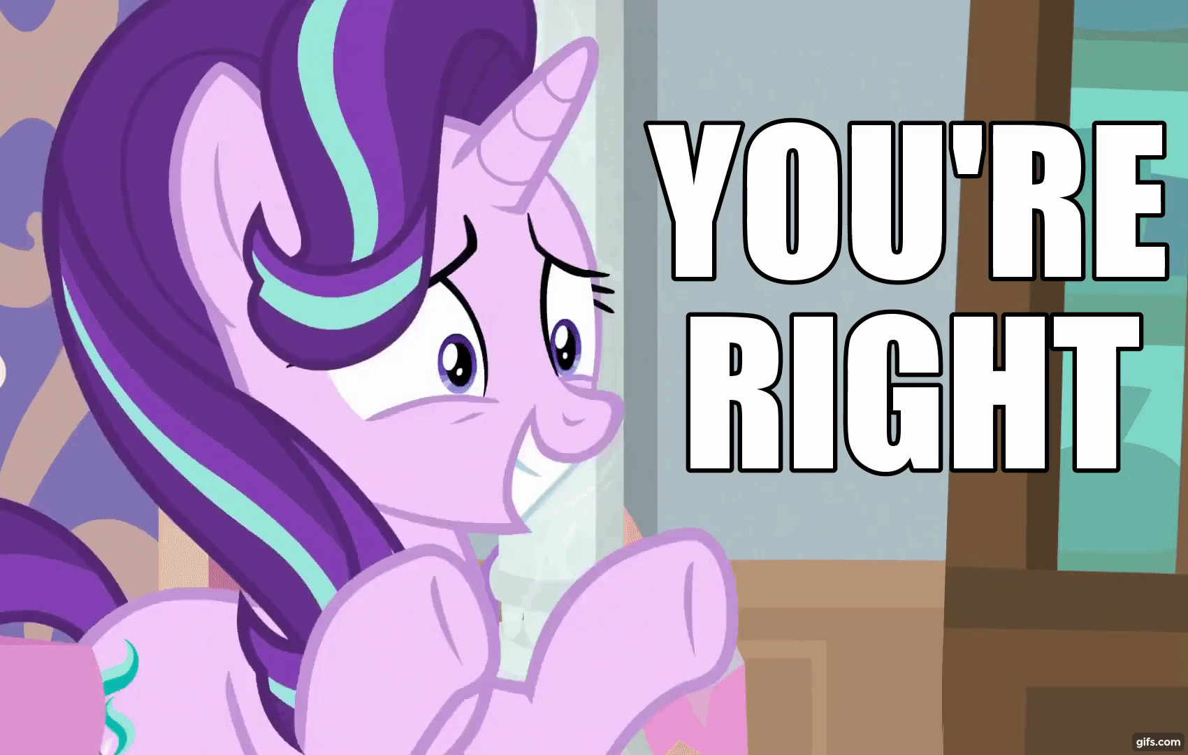 Size: 1700x1080 | Tagged: safe, edit, edited screencap, screencap, character:starlight glimmer, species:pony, species:unicorn, episode:the beginning of the end, g4, my little pony: friendship is magic, animated, anxiety, caption, female, gif, gifs.com, image macro, meme, perfect loop, solo, text, you're right