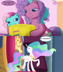 Size: 672x768 | Tagged: safe, edit, edited screencap, screencap, character:minty, character:princess celestia, character:sweetberry, episode:horse play, episode:the runaway rainbow, g3, g4, my little pony: friendship is magic, cake, cropped, cute, cutelestia, dialogue, excited, food, g3 to g4, generation leap, peytral, speech bubble, that princess sure does love cake