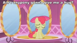 Size: 853x480 | Tagged: safe, edit, edited screencap, screencap, character:apple bloom, species:earth pony, species:pony, bronybait, carousel boutique, eyes closed, female, filly, hug, image macro, sad, sitting