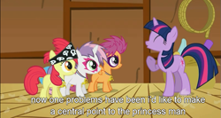 Size: 801x426 | Tagged: safe, edit, edited screencap, screencap, character:apple bloom, character:scootaloo, character:sweetie belle, character:twilight sparkle, species:pegasus, species:pony, episode:the show stoppers, g4, my little pony: friendship is magic, caption, cutie mark crusaders, meme, youtube caption