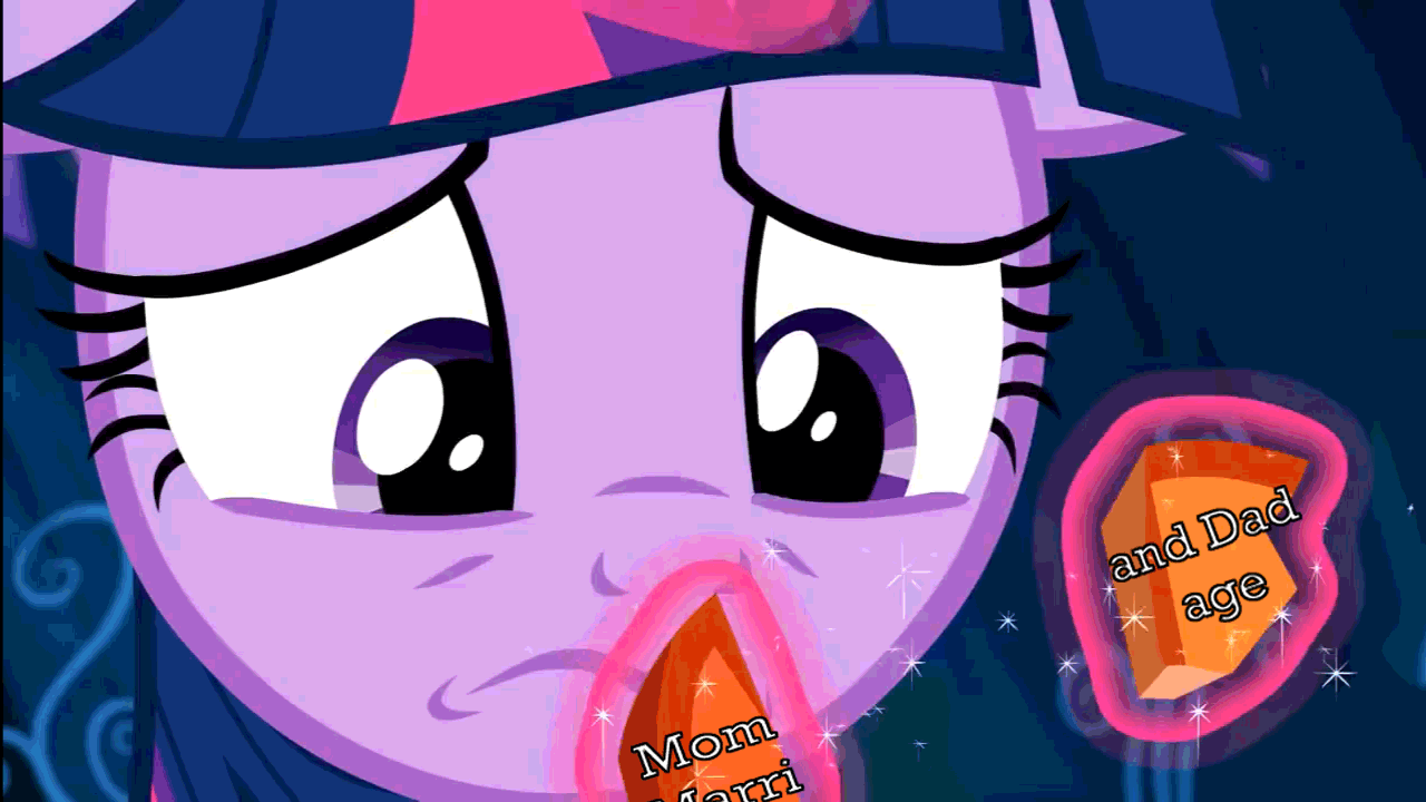 Size: 1280x720 | Tagged: safe, edit, edited screencap, screencap, character:twilight sparkle, character:twilight sparkle (alicorn), species:alicorn, species:pony, episode:the beginning of the end, g4, my little pony: friendship is magic, animated, broken, caption, female, gif, gif with captions, glowing horn, horn, implied divorce, implied elements of harmony, meme, sad, shitposting, solo