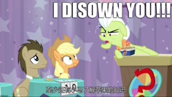 Size: 1136x640 | Tagged: safe, edit, edited screencap, screencap, character:applejack, character:doctor whooves, character:granny smith, character:time turner, episode:a trivial pursuit, g4, my little pony: friendship is magic, caption, chinese, dishonorapple, disowned, excessive exclamation marks, funny, image macro, text