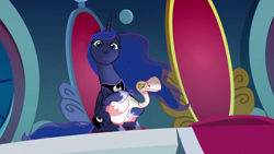 Size: 1280x720 | Tagged: safe, edit, edited screencap, screencap, character:princess luna, species:pony, episode:sparkle's seven, g4, my little pony: friendship is magic, cute, goose, looking at you, luna petting goose, lunabetes, smiling, terrifying