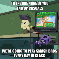 Size: 689x689 | Tagged: safe, edit, edited screencap, screencap, character:cranky doodle donkey, episode:happily ever after party, g4, my little pony: equestria girls, my little pony:equestria girls, caption, chalkboard, classroom, clothing, desk, exploitable meme, gamecube, image macro, male, meme, super smash bros., television, text