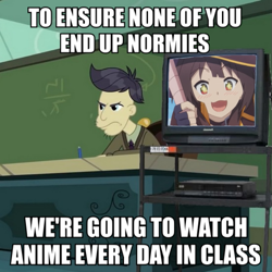 Size: 689x689 | Tagged: safe, edit, edited screencap, screencap, character:cranky doodle donkey, episode:happily ever after party, g4, my little pony: equestria girls, my little pony:equestria girls, anime, caption, chalkboard, classroom, clothing, desk, exploitable meme, image macro, konosuba, male, megumin, meme, normies, television, text