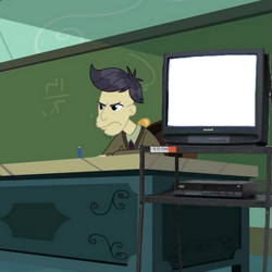 Size: 551x551 | Tagged: safe, edit, edited screencap, screencap, character:cranky doodle donkey, episode:happily ever after party, g4, my little pony: equestria girls, my little pony:equestria girls, caption, chalkboard, classroom, clothing, desk, exploitable meme, image macro, male, meme, meme template, television, template, text