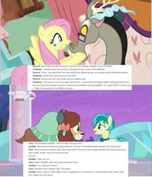 Size: 1289x1494 | Tagged: safe, edit, edited screencap, screencap, character:discord, character:fluttershy, character:sandbar, character:yona, species:draconequus, species:earth pony, species:pegasus, species:pony, species:yak, episode:discordant harmony, episode:she's all yak, g4, my little pony: friendship is magic, comparison, dialogue, female, male, mare, script, shipping fuel, stallion, text, wikia