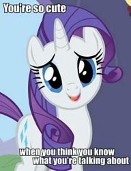 Size: 707x921 | Tagged: safe, edit, edited screencap, screencap, character:rarity, species:pony, species:unicorn, caption, compliment, female, image macro, looking at you, mare, meme, open mouth, reaction image, solo, talking to viewer, text