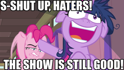 Size: 1024x576 | Tagged: safe, edit, edited screencap, screencap, character:pinkie pie, character:twilight sparkle, character:twilight sparkle (alicorn), species:alicorn, species:pony, episode:a trivial pursuit, g4, my little pony: friendship is magic, background pony strikes again, denial, floppy ears, impact font, meme, messy mane, op is a duck, op is trying to start shit, twilight snapple