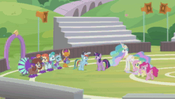 Size: 1920x1080 | Tagged: safe, edit, edited screencap, screencap, character:fluttershy, character:lighthoof, character:ocellus, character:pinkie pie, character:princess celestia, character:rainbow dash, character:shimmy shake, character:smolder, character:twilight sparkle, character:twilight sparkle (alicorn), character:yona, species:alicorn, species:changedling, species:pony, episode:2-4-6 greaaat, animated, cheerleader, cheerleader ocellus, cheerleader smolder, cheerleader yona, hoofbump, sound, trollight sparkle, webm
