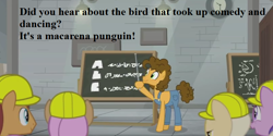 Size: 810x405 | Tagged: safe, edit, edited screencap, screencap, character:cheese sandwich, species:pony, episode:the last laugh, g4, my little pony: friendship is magic, background pony, chalkboard, clothing, cropped, hard hat, hat, overalls, pun, speech, text, written equestrian