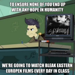 Size: 689x689 | Tagged: safe, edit, edited screencap, screencap, character:cranky doodle donkey, episode:happily ever after party, g4, my little pony: equestria girls, my little pony:equestria girls, caption, chalkboard, classroom, clothing, desk, exploitable meme, image macro, male, meme, television, text