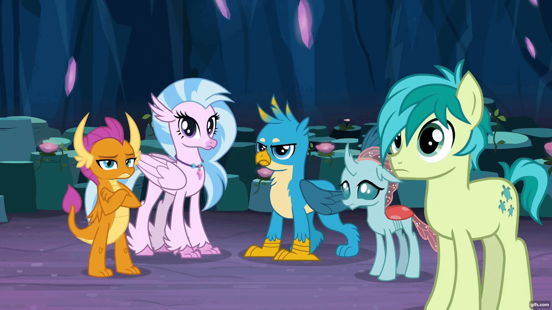 Size: 1920x1080 | Tagged: safe, edit, edited screencap, screencap, character:gallus, character:ocellus, character:sandbar, character:silverstream, character:smolder, species:changedling, species:changeling, species:classical hippogriff, species:dragon, species:earth pony, species:griffon, species:hippogriff, species:pony, species:reformed changeling, episode:uprooted, g4, my little pony: friendship is magic, animated, caption, cave, cave of harmony, gif, gifs.com, image macro, nah, text