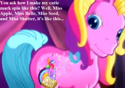 Size: 755x532 | Tagged: safe, edit, edited screencap, screencap, character:storybelle, episode:the last crusade, episode:two for the sky, g3, g4, my little pony: friendship is magic, a very pony place, cute, cutie mark, good trick, implied apple bloom, implied babs, implied cutie mark crusaders, implied scootaloo, implied sweetie belle, speech, spinning, storybetes