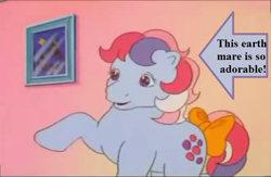 Size: 656x429 | Tagged: safe, edit, edited screencap, screencap, character:sweet stuff, episode:sweet stuff and the treasure hunt, g1, my little pony 'n friends, arrow, bow, captain obvious, picture, sweet sweet stuff, tail bow, text