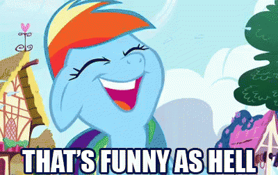 Size: 400x252 | Tagged: safe, edit, edited screencap, screencap, character:rainbow dash, species:pegasus, species:pony, episode:friendship is magic, g4, my little pony: friendship is magic, animated, caption, eyes closed, female, funny, funny as hell, gif, happy, image macro, laughing, laughingmares.jpg, mare, meme, open mouth, ponyville, reaction image, solo, text