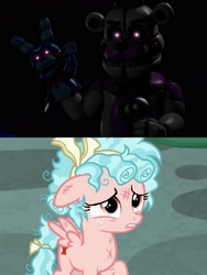 Size: 1920x2560 | Tagged: safe, edit, screencap, character:cozy glow, species:pegasus, species:pony, episode:school raze, g4, my little pony: friendship is magic, 3d, animatronic, bon bon (fnaf), cozybuse, female, filly, five nights at freddy's, floppy ears, funtime freddy, sister location, source filmmaker