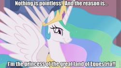 Size: 853x480 | Tagged: safe, edit, edited screencap, screencap, character:princess celestia, species:alicorn, species:pony, episode:the return of harmony, g4, my little pony: friendship is magic, female, image macro, mare, metal wolf chaos, princess, solo