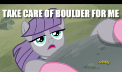 Size: 600x357 | Tagged: safe, edit, edited screencap, screencap, character:maud pie, character:pinkie pie, episode:rock solid friendship, g4, my little pony: friendship is magic, caption, discovery family logo, image macro, imminent death, solo focus, text