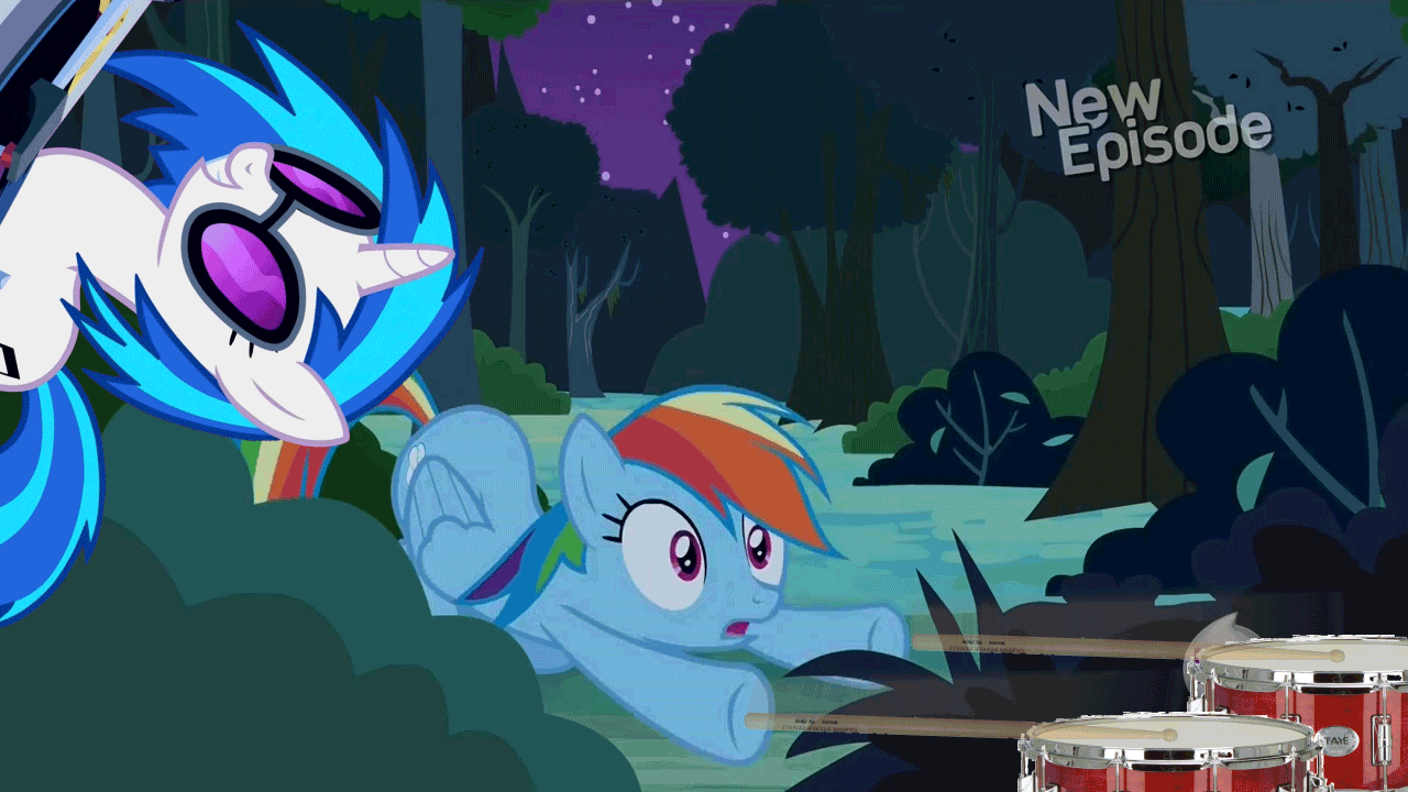 Size: 1280x720 | Tagged: safe, edit, edited screencap, screencap, character:dj pon-3, character:rainbow dash, character:vinyl scratch, species:pegasus, species:pony, species:unicorn, episode:daring don't, g4, my little pony: friendship is magic, animated, bush, drums, drumsticks, forest, glasses, hub logo, moss, night, party hard, smiling, stars, tree, turntable, wat