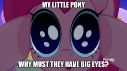 Size: 888x499 | Tagged: safe, edit, edited screencap, screencap, character:pinkie pie, species:earth pony, species:pony, friendship is magic: rainbow roadtrip, g4, my little pony: friendship is magic, big eyes, caption, image macro, looking at you, meme, text