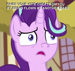 Size: 623x591 | Tagged: safe, edit, screencap, character:starlight glimmer, species:pony, species:unicorn, episode:student counsel, cropped, faec, female, great moments in animation, kite, mare, reaction image, text, that pony sure does love kites, this will end in equalization, this will end in gulag