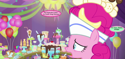 Size: 1088x512 | Tagged: safe, edit, edited screencap, screencap, character:pinkie pie, episode:sundae sundae sundae, spoiler:interseason shorts, balloon, clothing, cropped, dialogue, food, g3 to g4, hat, ice cream, implied minty, melted, oh minty minty minty, speech bubble