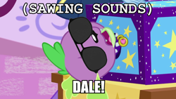 Size: 1200x675 | Tagged: safe, edit, edited screencap, screencap, character:spike, character:spike (dog), species:dog, episode:street magic with trixie, g4, my little pony: equestria girls, my little pony:equestria girls, spoiler:eqg series (season 2), caption, image macro, sunglasses, text
