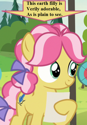Size: 504x720 | Tagged: safe, edit, edited screencap, screencap, character:kettle corn, episode:marks and recreation, g4, my little pony: friendship is magic, arrow, cropped, cute, haiku, kettlebetes, mane bow, paper, pine tree, tail bow, target, text, tree
