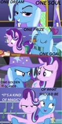 Size: 546x1090 | Tagged: safe, edit, edited screencap, screencap, character:starlight glimmer, character:trixie, episode:all bottled up, g4, my little pony: friendship is magic, a kind of magic, cape, clothing, floppy ears, hat, lyrics, queen (band), song reference, text, trixie's cape, trixie's hat, trixie's puppeteering, watermark