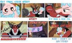 Size: 1750x1044 | Tagged: safe, edit, edited screencap, screencap, character:cozy glow, character:grogar, character:lord tirek, character:queen chrysalis, species:centaur, species:changeling, species:pegasus, species:pony, episode:frenemies, g4, my little pony: friendship is magic, bow, comic, cozybetes, cute, descriptive noise, dialogue, discovery family logo, disguise, disguised changeling, female, filly, foal, freckles, hitting, horse noises, innocent, legion of doom, male, nose piercing, nose ring, piercing, screencap comic, smug, text, this will end in death, this will end in tears, this will end in tears and/or death