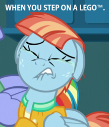 Size: 560x648 | Tagged: safe, edit, edited screencap, screencap, character:bow hothoof, character:windy whistles, episode:parental glideance, g4, my little pony: friendship is magic, caption, crying, faec, floppy ears, image macro, sad, stepping on a lego, text, trademark